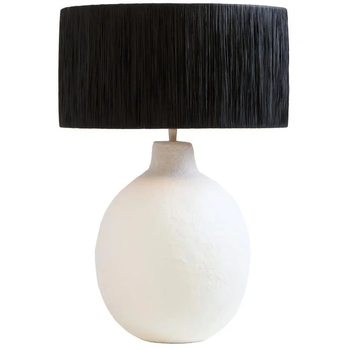 MKD - Carta 61cm White Papier Mache Table Lamp With Black Raffia Shade