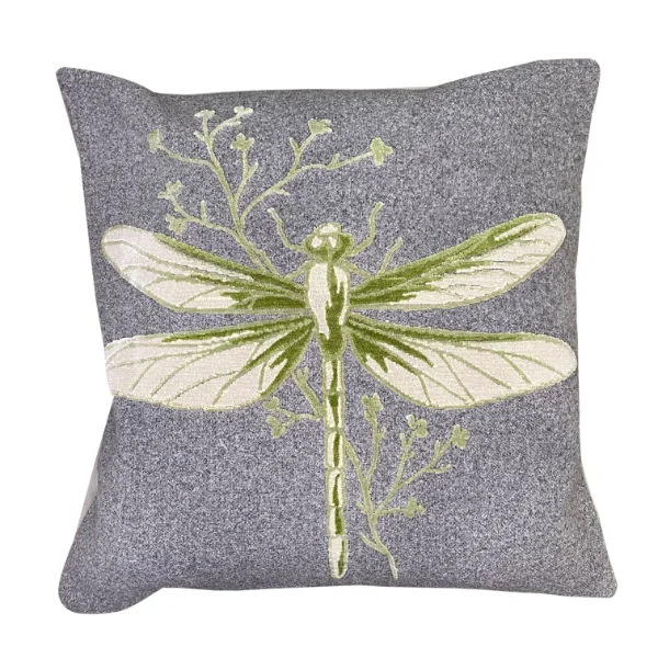 EMBROIDERED DRAGON FLY CUSHION ON GREY FELT  45 X 45